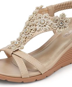 TEMOFON Women's Low Wedge Heels Summer Dressy Platform Sandals Elastic Ankle Strap Open Toe Flower Shoes